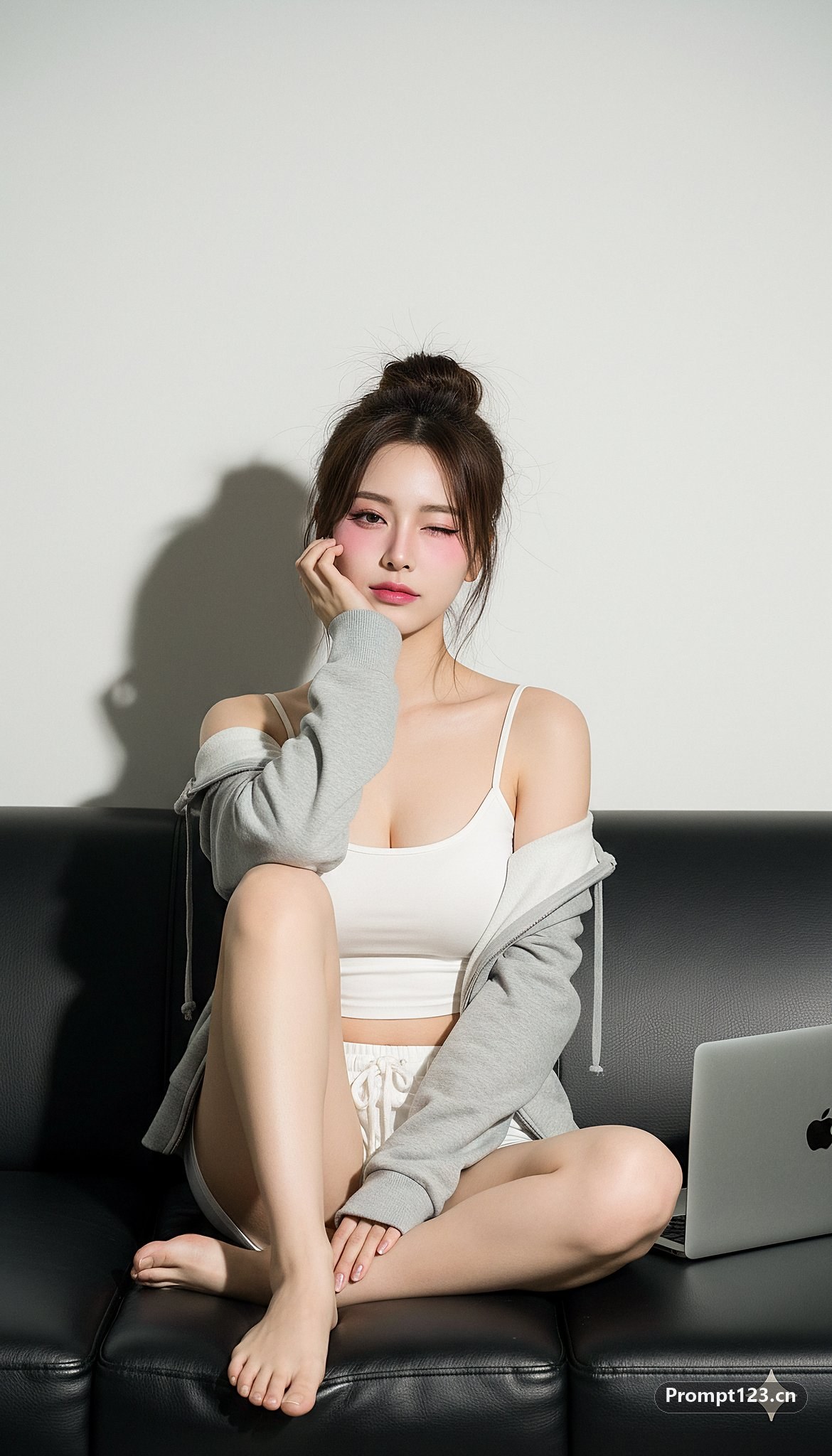 女生坐沙发上