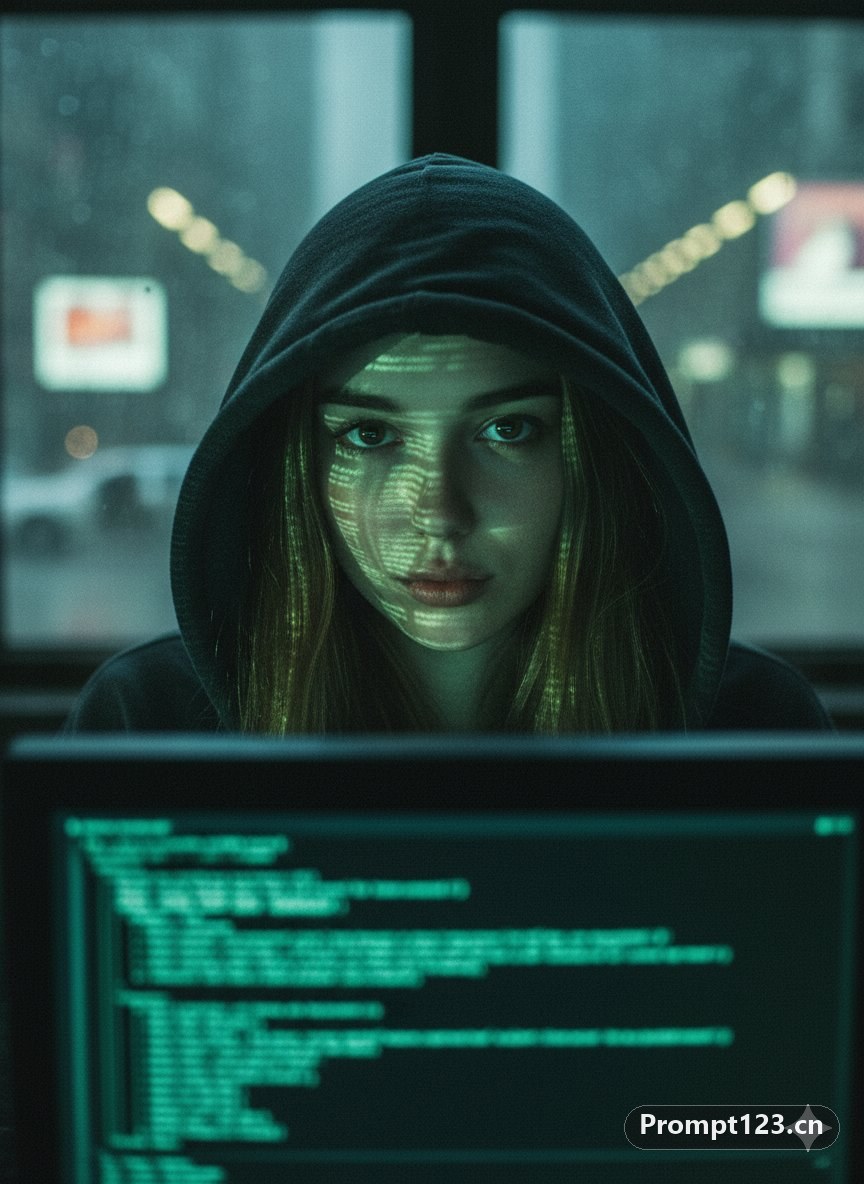 年轻女子身穿深色连帽衫的特写肖像