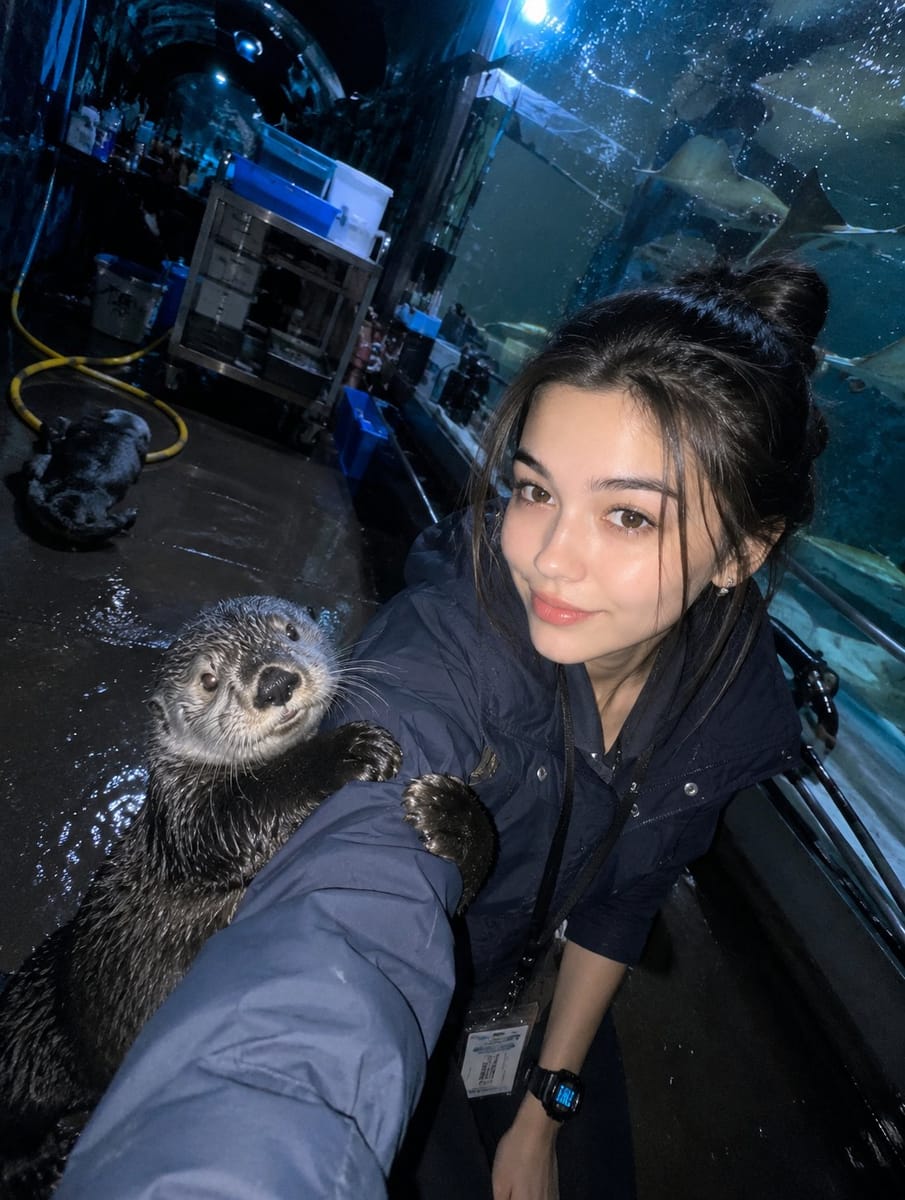 水族馆隧道自拍：饲养员与淘气海獭的可爱瞬间